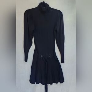 Black Drop Waist Puff Shoulder Long Sleeve Ribbed Knit Stretch Above Knee Dress